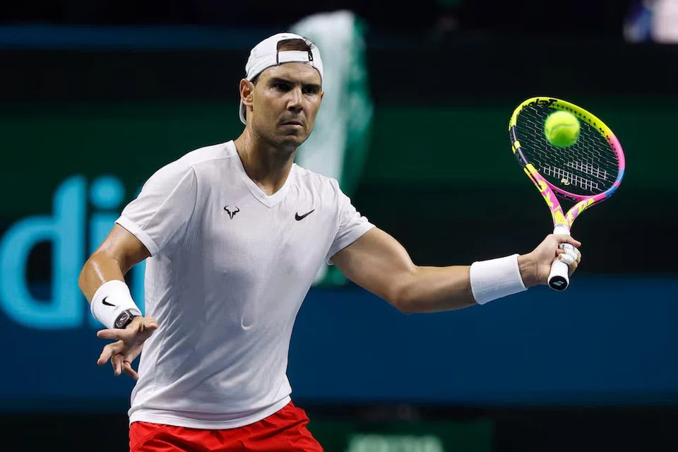 Rafael Nadal beraksi semasa perlawanan menentang Botic van de Zandschulp dari Belanda di Malaga, Sepanyol.