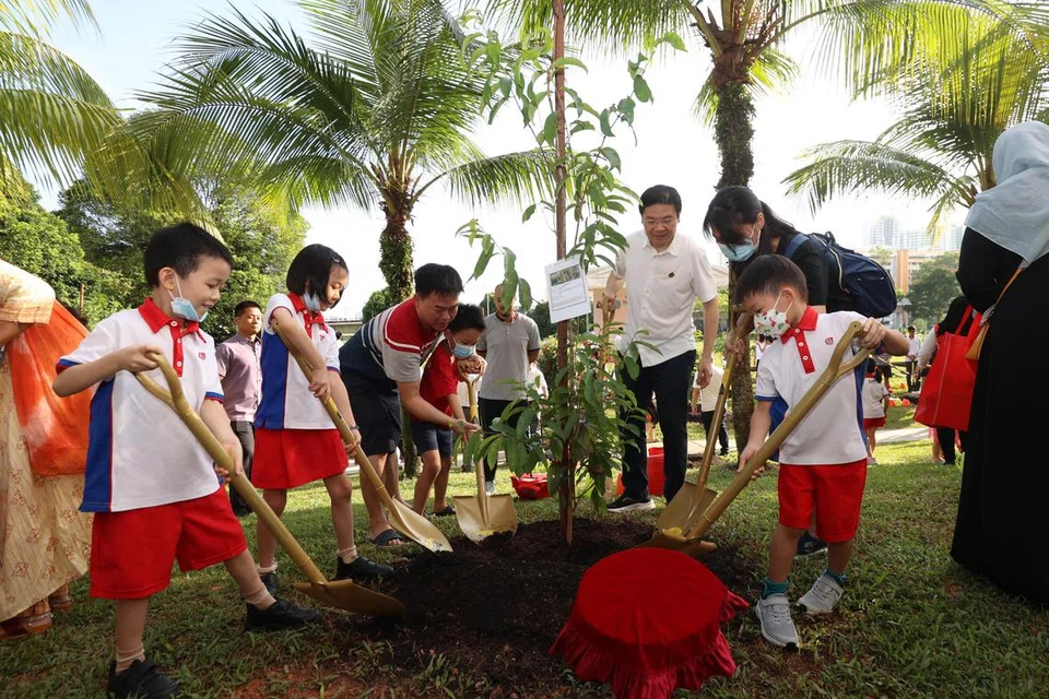 TANAM POKOK: Encik Lawrence Wong (tiga dari kanan) dan anggota Parlimen GRC Marsiling-Yew Tee turut serta di acara menanam pokok berhampiran Blok 402 Woodlands Street 41, disertai penduduk serta kanak-kanak dari pusat Prasekolah Yayasan Masyarakat PAP di kawasan itu.