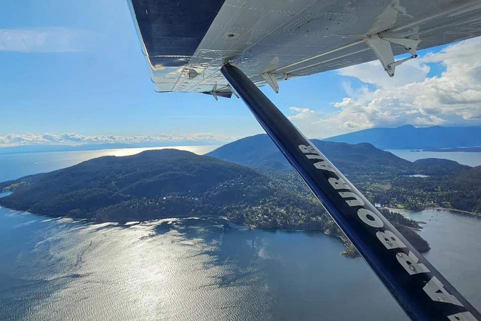Pemandangan dari udara yang indah menunjukkan pesisir Pulau Vancouver ketika pesawat laut Harbour Air terbang melintasi langit biru yang cerah.