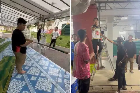 Anggota kumpulan kariah di Blok 450, Tampines Street 42 kelihatan membuat persiapan sebelum pelaksanaan hari pertama solat tarawih pada 11 Mac.