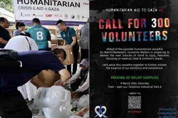 Humanity Matters meminta seramai 300 relawan untuk membantu membungkus barang keperluan bagi mangsa di Gaza pada 9 Mac di sebuah lokasi berhampiran SAFRA Tampines.