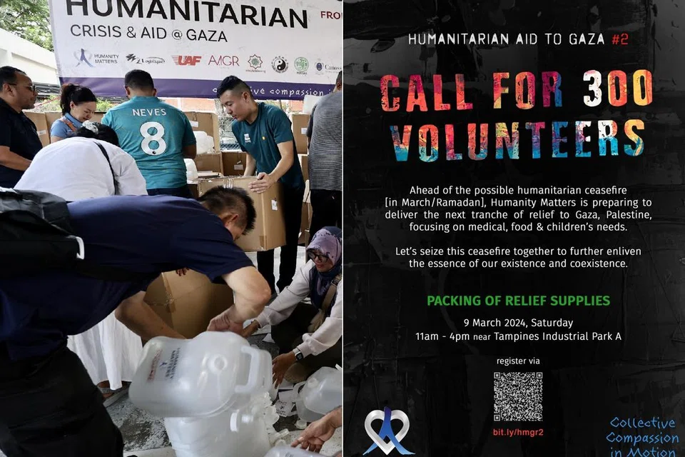 Humanity Matters meminta seramai 300 relawan untuk membantu membungkus barang keperluan bagi mangsa di Gaza pada 9 Mac di sebuah lokasi berhampiran SAFRA Tampines.