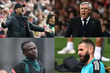 PERSAINGAN SENGIT: Pertemuan Liverpool dengan Real Madrid dalam final Liga Juara-Juara Eropah esok menjanjikan peraduan minda dan bakat di setiap peringkat, dari persaingan minda antara Klopp (kiri atas) dengan Ancelotti (kanan atas), kepada persaingan antara Mane (kiri) dan Benzema (kanan) untuk menjaringkan gol dan membantu pasukan masing-masing menang. - Foto-foto BH oleh EPA-EFE, AFP