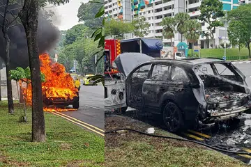 API MARAK: Sebuah kereta hitam Audi dijilat api dan rentung pada Sabtu di daerah Woodlands.