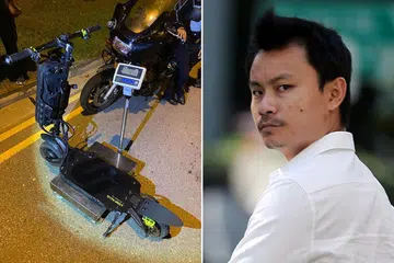 GUNA PMD SECARA BAHAYA: Samuel Tan Woon Yeow (kanan) menggunakan e-skuter pada kelajuan 135 kilometer sejam di sekitar Lim Chu Kang Road apabila ditangkap dua pegawai polis trafik. - Foto fail
