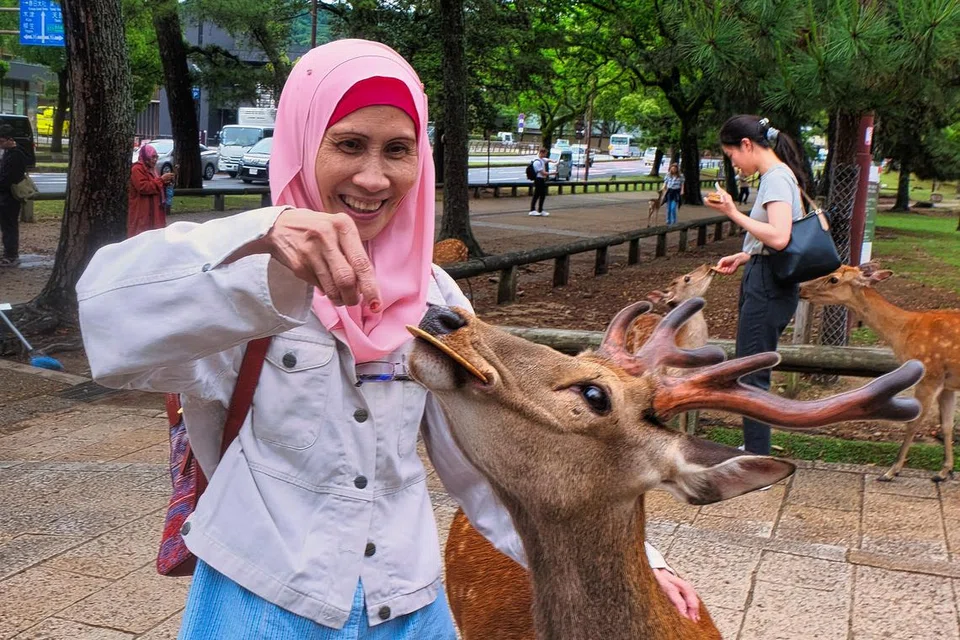 BERI MAKAN RUSA: Isteri penulis dan jurugambar Khalid Baba, Cik Zailina Mohd Zain, memberi makan rusa jinak di Taman Rusa Nara.