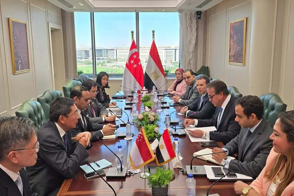 Menteri Negara (Ehwal Luar merangkap Ehwal Dalam Negeri) Encik Zhulkarnain Abdul Rahim (tiga dari kiri) bersama delegasi dari Singapura mengadakan pertemuan dengan dengan menteri dan pegawai Mesir mengenai hubungan dua hala, perkembangan serantau, serta kerjasama kemanusiaan.