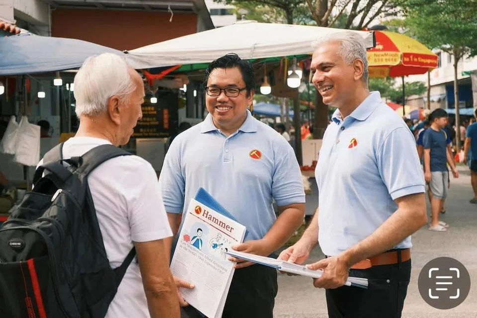 Peguam Encik Fadli Fawzi (tengah) dan Encik Harpreet Singh Nehal (kanan) dari Parti Pekerja (WP) kerap dilihat membuat lawatan di GRC Marine Parade.