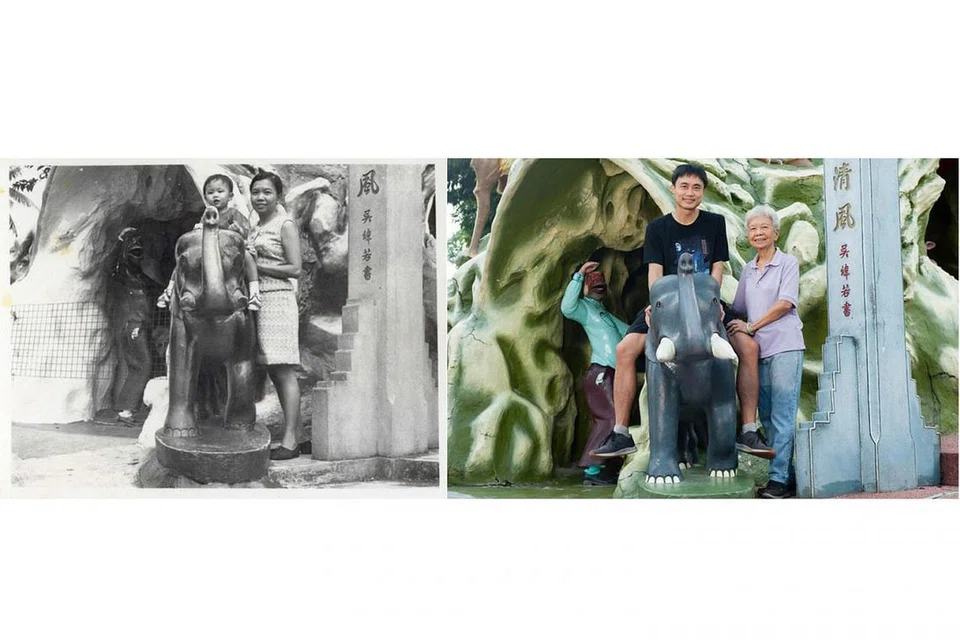 SINGKAP KENANGAN: Gambar lama Encik Koh Tong Wey dan Cik Loh Yin Yeok di Haw Par Villa bersebelahan dengan gambar mereka berdua kini. Ia dirakamkan oleh Cik Deanna Ng. - Foto KOH NIA CHUAN/DEANNA NG