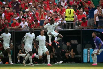 Penyerang Perancis, Ousmane Dembele (melompat) menjaringkan gol kedua pasukannya pada minit ke-66 perlawanan suku akhir Piala Dunia 2026 menentang Maghribi di Stadium Boston pada 10 Julai, sekali gus membawa pasukannya mara ke peringkat separuh akhir.