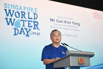 Timbalan Perdana Menteri, Encik Gan Kim Yong, berucap pada acara pelancaran kempen pemuliharaan air tahunan di Our Tampines Hub (OTH) pada 8 Mac.