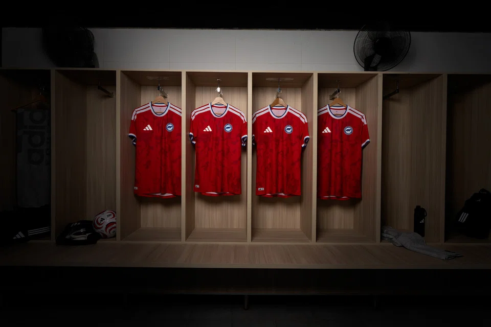 Jersi untuk dipakai semasa perlawanan di padang sendiri berwarna merah, dengan warna biru gelap dan putih pada kolar dan lengan baju, serta corak yang melambangkan ombak yang mengalir melalui jantung Singapura.