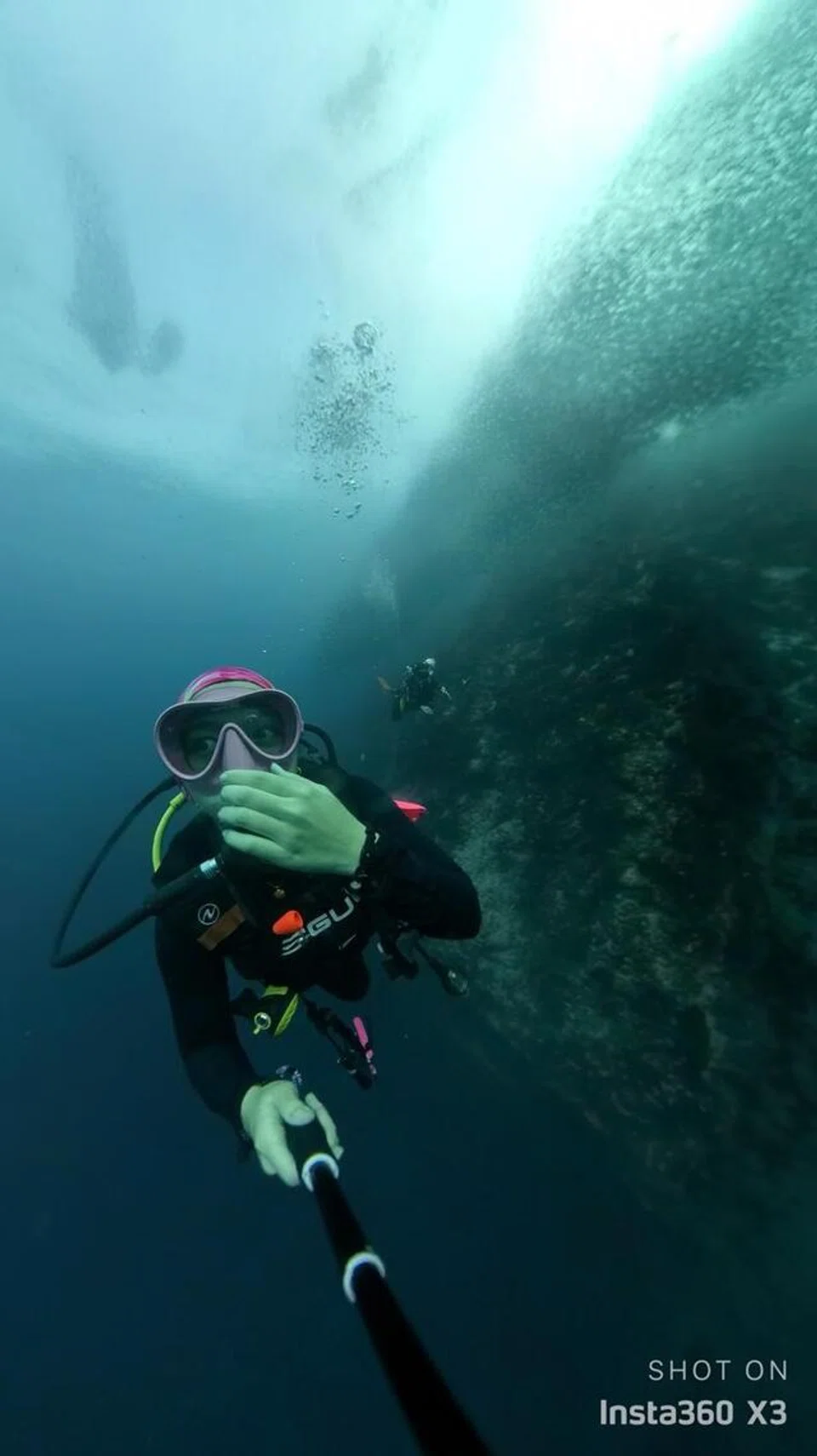 Cik Nyimas Andreana menyelam bersama sekumpulan sardin di Moalboal, Filipina.