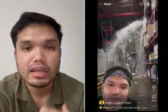 Usahawan dan pempengaruh Khairul Aming, memberi amaran kepada orang ramai bahawa terdapat video palsu (kanan) yang disebar yang mendakwa gudangnya ditimpa banjir dan beliau mahu menjual periuk untuk menampung kos memperbaikinya.