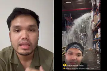 Usahawan dan pempengaruh Khairul Aming, memberi amaran kepada orang ramai bahawa terdapat video palsu (kanan) yang disebar yang mendakwa gudangnya ditimpa banjir dan beliau mahu menjual periuk untuk menampung kos memperbaikinya.
