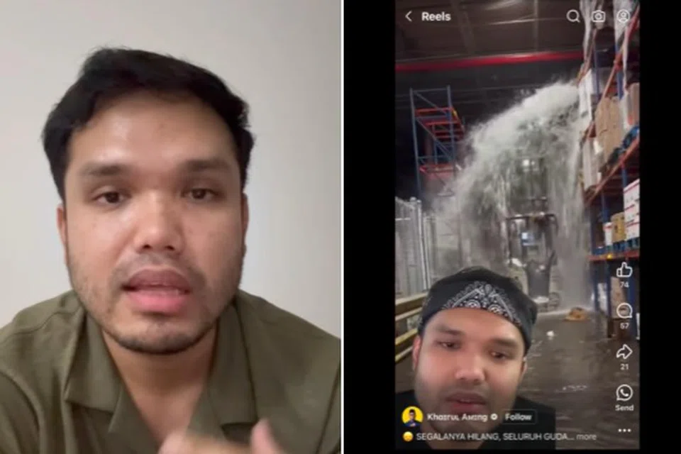 Usahawan dan pempengaruh Khairul Aming, memberi amaran kepada orang ramai bahawa terdapat video palsu (kanan) yang disebar yang mendakwa gudangnya ditimpa banjir dan beliau mahu menjual periuk untuk menampung kos memperbaikinya.