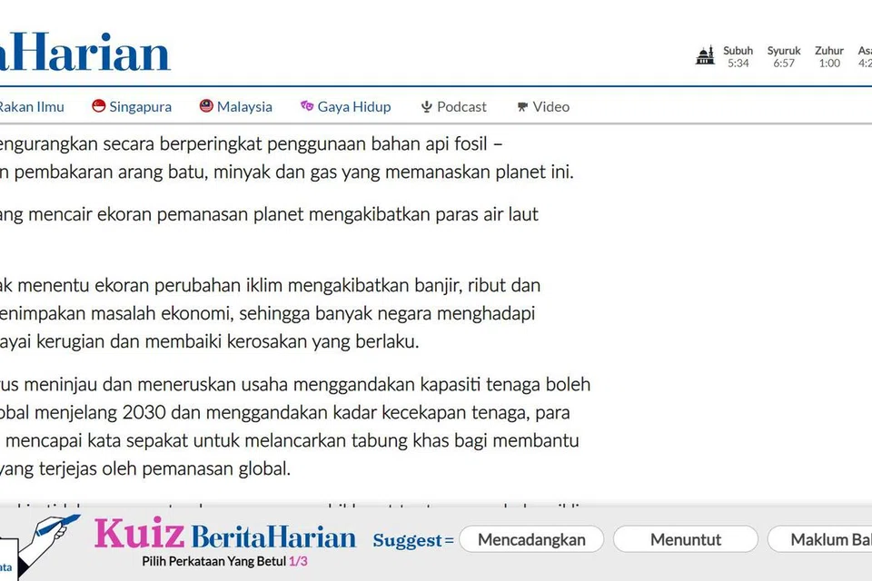 KUIZ INTERAKTIF: Pembaca Berita Harian (BH) dalam talian boleh melakukan permainan terjemahan mudah setiap kali mereka melungsuri laman web BH.