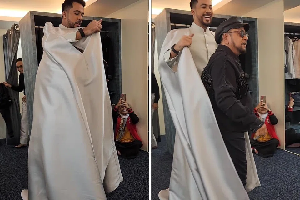 TIBA-TIBA MUNCUL: Ayai Illusi bersembunyi di dalam lengan labuh baju Aliff Aziz dengan menyatakan “saaap” apabila beliau muncul keluar daripada baju itu dan membuat seluruh bilik solekan ketawa terbahak-bahak.