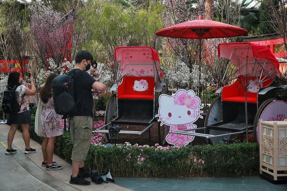 PAMERAN HELLO KITTY: Pengunjung memetik gambar semasa pembukaan pameran bunga sakura yang menampilkan Hello Kitty di Flower Dome Gardens by the Bay semalam. - Foto BH oleh KEVIN LIM