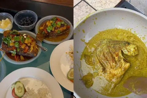Hasil tangkapan akan dimasak Cik Riyanna dan dinikmati mereka sekeluarga. Di kiri ialah hidangan Ikan Siakap Merah Tiga Rasa, dan di kanan ialah hidangan Ikan Tudung Periuk Masak Lemak.