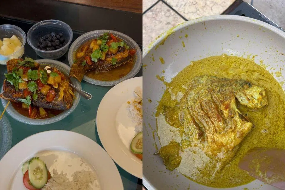 Cik Riyanna Mohamed Sadali, akan memasak hasil tangkapan dan dinikmati sekeluarga. Di kiri ialah hidangan Ikan Siakap Merah Tiga Rasa, dan di kanan ialah hidangan Ikan Tudung Periuk Masak Lemak.