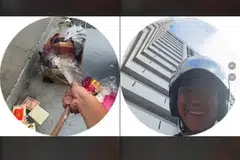 RASA PANIK: Encik Luqmanul Hakim sempat mengukir senyuman selepas memadamkan api di tempat pembuangan sampah di tingkat satu sebuah flat di Bedok Reservoir menerusi rakaman video di TikTok.