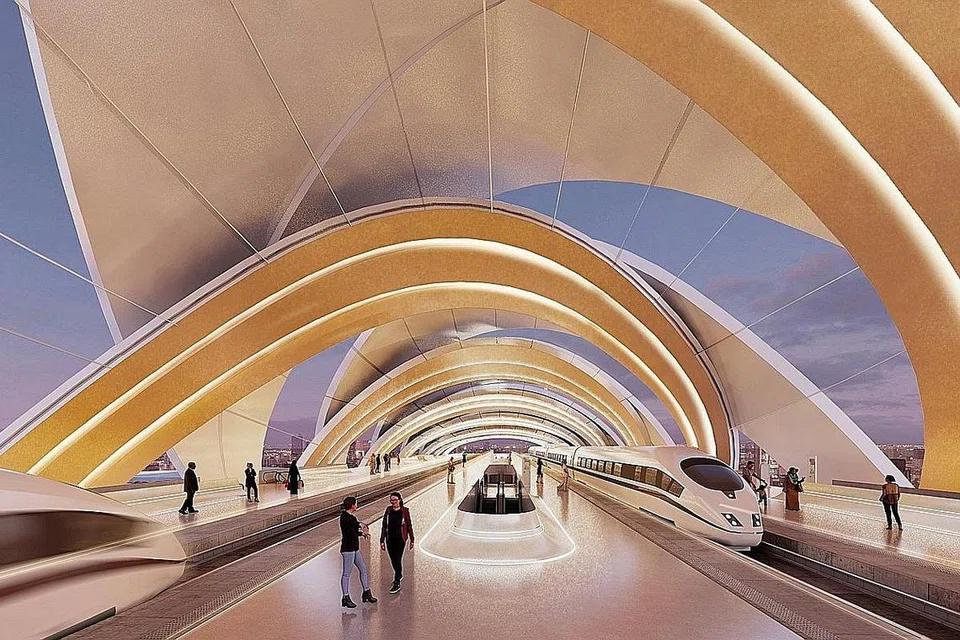 RANGSANG EKONOMI: Dengan keupayaan sehingga 10,000 penumpang sejam bagi setiap hala, projek Laluan Sistem Transit Laju (RTS Link) Johor Bahru-Singapura dijangka membawa sehingga 300,000 penumpang sehari. Gambaran artis bagi stesen Bukit Chagar di Johor. - Foto MRT CORP