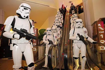 STORM TROOPERS: Watak daripada filem 'Star Wars' ini membuat penampilan ketika tayangan perdana 'Star Wars: The Force Awakens' dua tahun lalu di Shaw Lido. Mereka berkemungkinan hadir lagi pada Pesta Star Wars yang akan berlangsung bulan depan. - Foto fail THE STRAITS TIMES