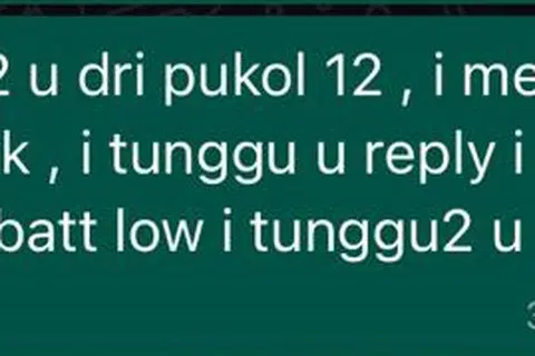 MESEJ TERAKHIR: Kiriman mesej terakhir dari Cik Nurshela kepada arwah suaminya di WhatsApp.