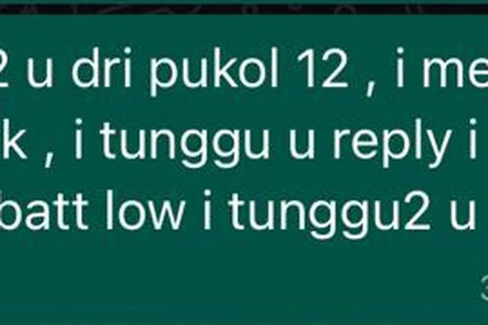 MESEJ TERAKHIR: Kiriman mesej terakhir dari Cik Nurshela kepada arwah suaminya di WhatsApp.