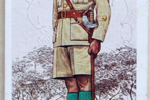 Gambar lukisan seragam lengkap seorang anggota Kor Sukarelawan Singapura (SVC) daripada sekeping kad asli yang dimiliki seorang anggota History Fort Singapore. 