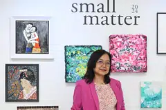 Masturah Sha’ari ketika menyiapkan bahan yang akan dipamerkan dalam ‘Small Matter 2024’ di balai seni Maya Gallery di 57 Genting Lane, #05-00.