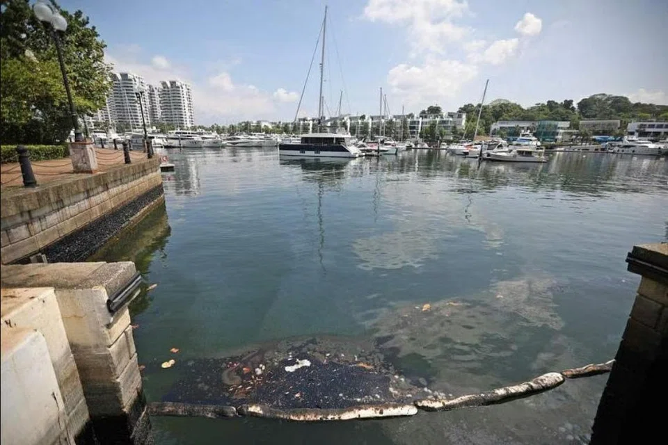 Minyak terapung merentasi saluran di Sentosa Cove pada 17 Jun.