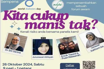 Tingkatkan pengetahuan tentang kencing manis di forum kesihatan, ‘Kita Cukup Manis Tak?, anjuran Persatuan Karyawan Penjagaan Kesihatan Islam (MHPA) pada 26 Oktober.
