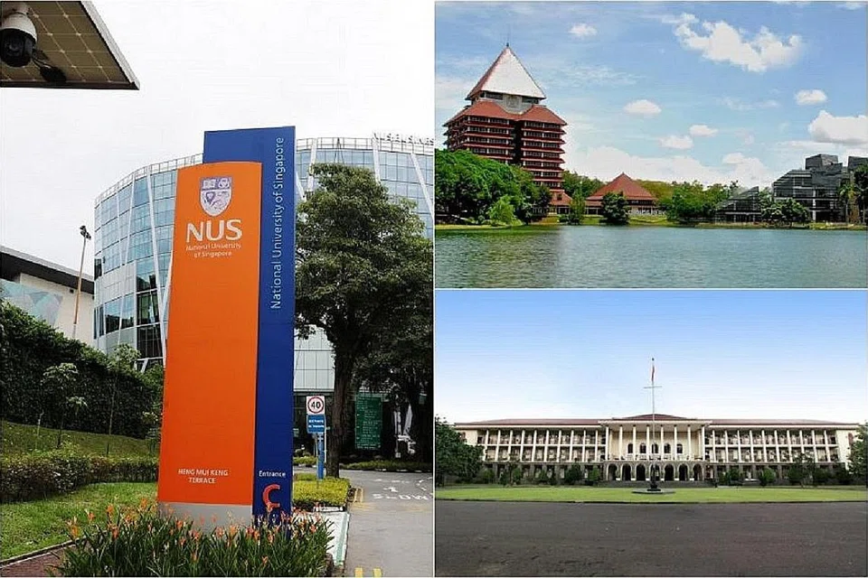 USAHA SAMA: (dari kiri ikut putaran jam) NUS - melalui cabang keusahawanan NUS Enterprise - menjalin bekerjasama dengan Universitas Indonesia dan Universitas Gadjah Mada. - Foto fail, FACEBOOK UNIVERSITAS INDONESIA, LAMAN UNIVERSITAS GADJAH MADA