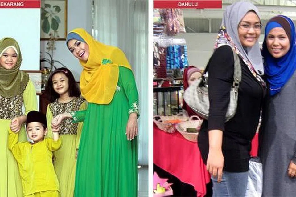 IBU AKTIF: Liza Hanim (kanan) berusaha menguruskan badan dan berjaya mengurangkan 20 kilogram kerana ingin menjadi teladan buat anak-anaknya, (dari kiri) Marsya Qistina, Mohamed Salahuddin dan Marsya Qaireen, mengamalkan gaya hidup sihat. Gambar kanan menunjukkan keadaan badan Liza (kiri) sebelumnya. - Foto UTUSAN MALAYSIA & SELEBRITI FORUM