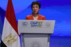 TANGANI PERUBAHAN IKLIM: Cik Fu menyampaikan ucapan di persidangan iklim COP27 Pertubuhan Bangsa-Bangsa Bersatu (PBB). - Foto AFP