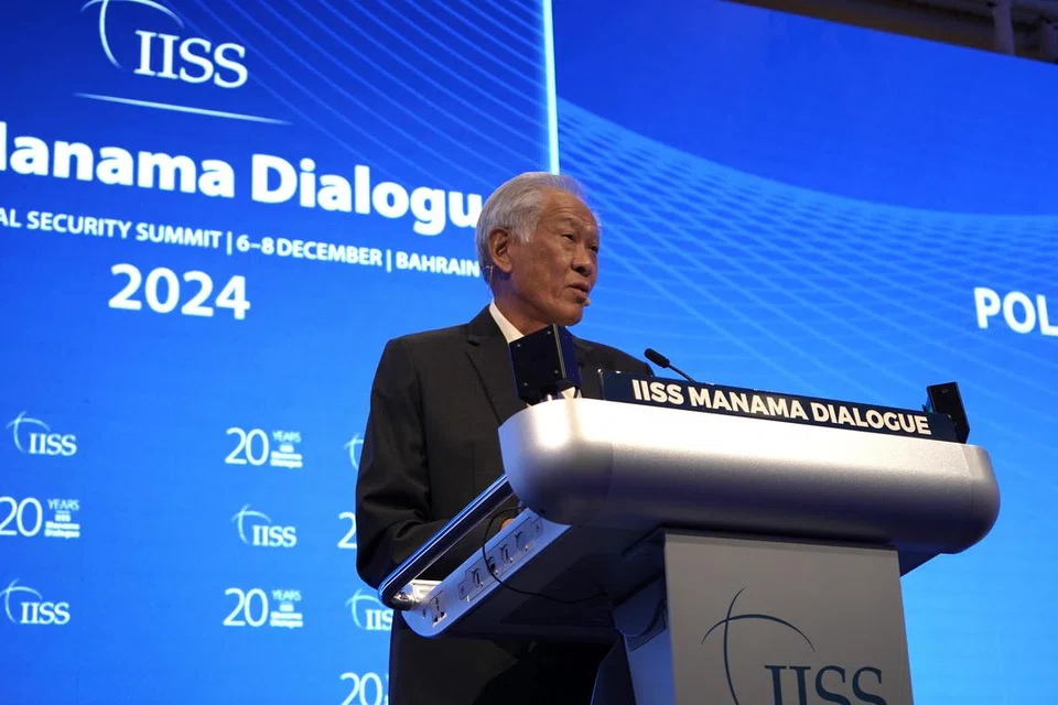 Menteri Pertahanan, Dr Ng Eng Heng, memberi ucapan dengan topik ‘Respons Politik dan Pertahanan terhadap Konflik’ di satu sesi pleno Dialog Manama Ke-20 di Bahrain pada 7 Disember.