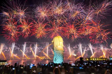 Bunga api menyinari kawasan Marina Bay pada sambutan Hari Kebangsaan 2023.