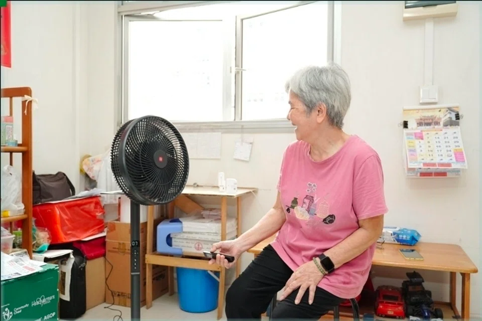 Cik Chang Nguk Lan bersama kipas berdiri KDK baharunya, antara penyelesaian penyejukan yang disesuaikan dengan keadaan rumah beliau bagi meningkatkan aliran dan pengudaraan udara.