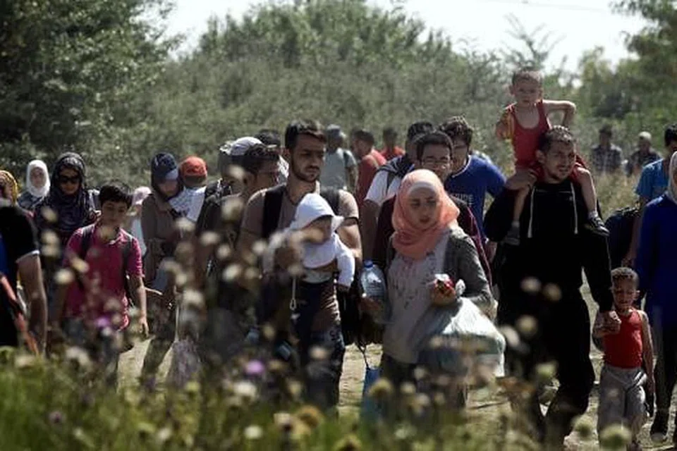LARI MENINGGALKAN TANAH AIR: Para pelarian Syria dan pendatang tanpa izin berjalan merentasi sebuah kawasan menuju Gevgelija di Macedonia, untuk ke sempadan Serbia kelmarin. - Foto AFP