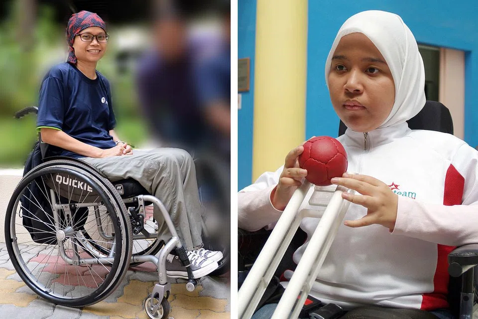 PELUANG KIBARKAN BENDERA NEGARA: Atlit perlumbaan berkerusi roda,Norsilawati Sa'at (kiri) dan peserta boccia, Nurulasyiqah Mohammad Taha (kanan), antara atlit yang dipilih di temasya Sukan Paralimpik Rio pada September ini. Kesemuanya, Team Singapore akan menampilkan 11 atlit - kontinjen terbesar negara dalam sejarah temasya sukan ini. - Foto-foto ZAINAL YAHYA/SDSC
