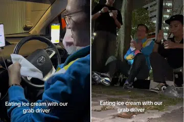 REHAT SEBENTAR: Satu video di TikTok baru-baru ini tular menunjukkan tiga remaja lelaki berehat dan menjamu aiskrim bersama pemandu kereta sewa mereka di tepi jalan.