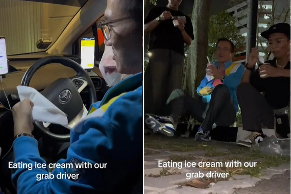 REHAT SEBENTAR: Satu video di TikTok baru-baru ini tular menunjukkan tiga remaja lelaki berehat dan menjamu aiskrim bersama pemandu kereta sewa mereka di tepi jalan.