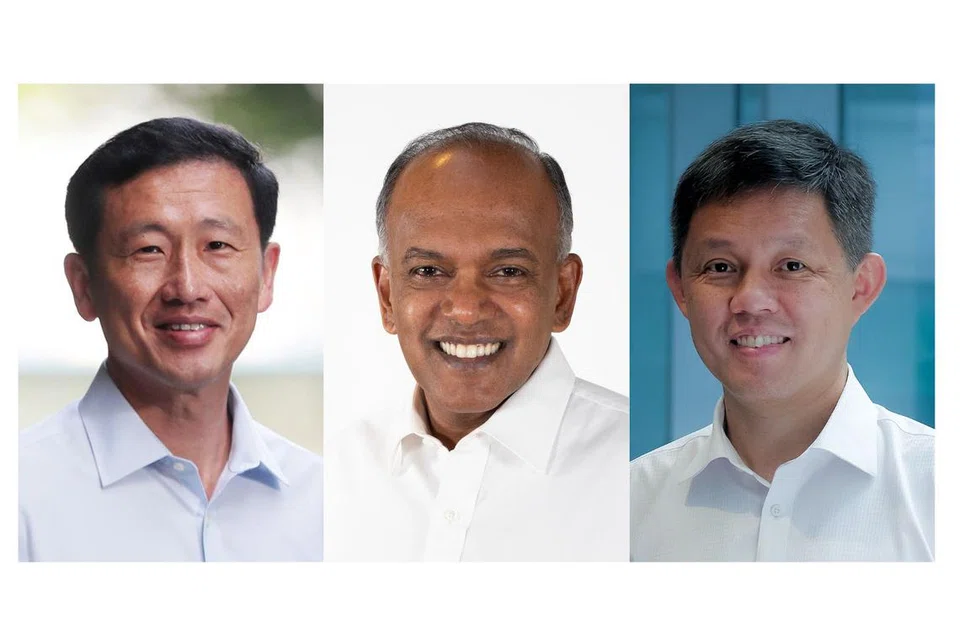 Perdana Menteri, Encik Lawrence Wong melantik (dari kiri) Encik Ong Ye Kung sebagai Menteri Penyelaras bagi Dasar Sosial; Encik K. Shanmugam sebagai Menteri Penyelaras bagi Keselamatan Negara; dan Encik Chan Chun Sing sebagai Menteri Penyelaras bagi Perkhidmatan Awam.