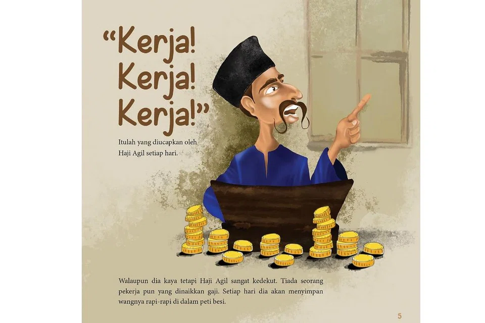 SESUAIKAN KONTEKS: Kandungan buku 'Songkok Haji Agil' banyak menggunakan perkataan yang diulang-ulang bagi mempermudah pembaca cilik mengingati perkataan tersebut. - Foto OPENSCHOOLBAG.COM.SG