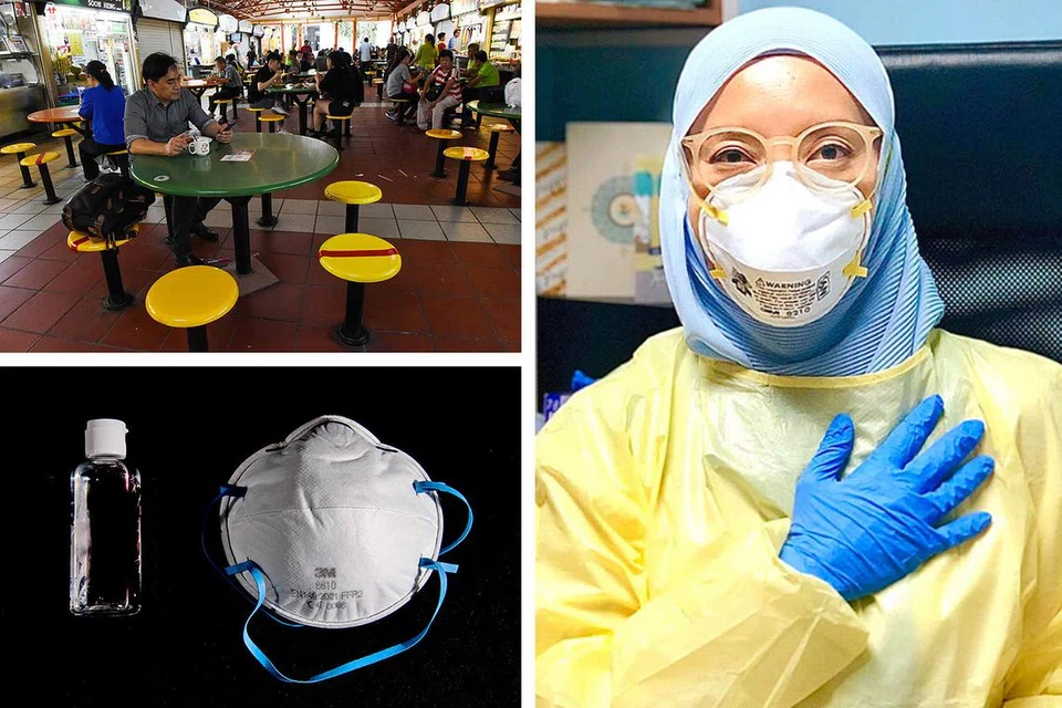 KEUNIKAN BAHASA: Istilah seperti (dari kiri, gambar paling atas, ikut putaran jam), jarak sosial, 'SalamMufti', pelitup dan sanitiser kini semakin kerap digunakan dalam usaha kita menangani wabak Covid-19. - Foto-Foto AFP, fail