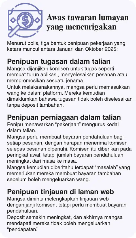 Anda dinasihatkan untuk terus berhati-hati. Jangan jadi mangsa penipuan pekerjaan. 