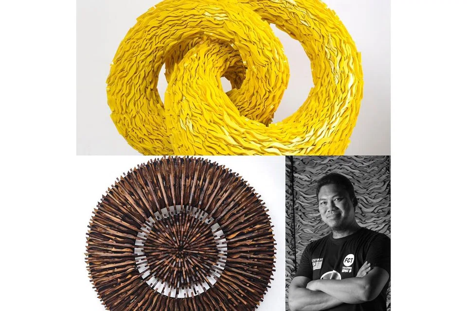 PO OI: Selepas menggunakan kayu terbuang sebagai bahan arca, beliau mula meneroka kaca gentian dan damar kuning pula untuk hasilkan karya tentang perpaduan dan kemantapan.