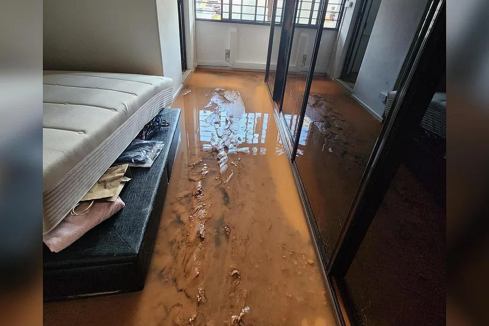MENYEBABKAN KEROSAKAN: Air berlumpur yang membanjiri ruang rumah Cik Anita Mokhtar sekeluarga telah menyebabkan kerosakan terhadap beberapa perabot termasuk set sofa dan almari. - Foto-foto ANITA MOKHTAR 